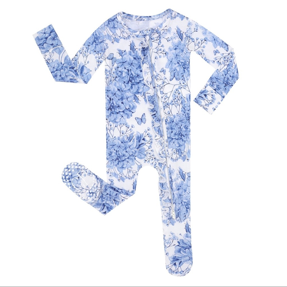 Blue floral Bamboo Footies with anti-slip grips. Multiple sizes